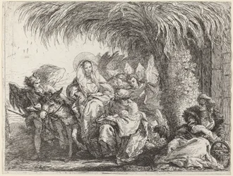 Joseph knæler med barnet foran Maria på æslet