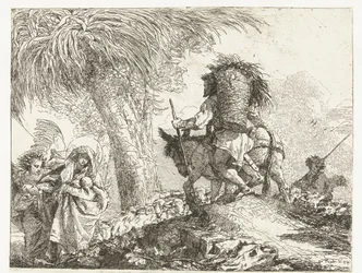 Maria med barn støttet af en engel og Josef fører et æsel forbi en hyrde med får Fly til Egypten (serietitel) Idé malerisk sopra la fugga i Egitto (serietitel)