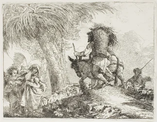 Mary, hjulpet af en engel, og Joseph, der bærer kurven, passerer en flok, plade 24 fra Flugten til Egypten
