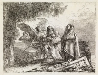 Den hellige familie ledsaget af en engel (Flugten til Egypten XII)