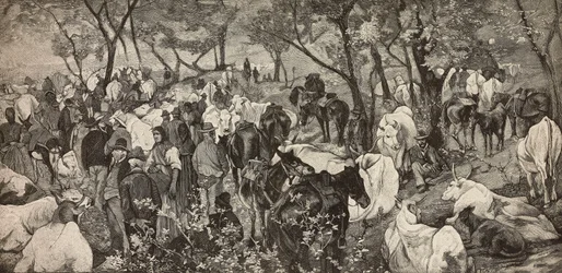 Markkinat Toscanan Apenniineilla, kaiverrus Giovanni Fattorin (1825-1908) maalauksesta, L
