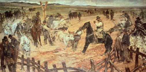 Mærkning af unge tyre i Maremma af Giovanni Fattori (1825-1908), olie på lærred, 885 cm x175