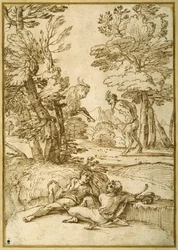 Et landskab med to hyrde drenge hvilende, mens en satyr og en ged danser (pen & blæk på papir)