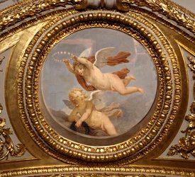 Kærlighed. Maleri af Giovanni Romanelli (1601-1662), der dekorerer loftet i Antonine Hall, soveværelse i sommerlejlighederne hos Dronning Anne af Østrig (1601-1666). Omkring 1655-1658. Paris, Louvre-museet.