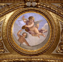 Kærlighed til retfærdighed. Maleri af Giovanni Romanelli (1601-1662), der dekorerer loftet i Antonine Hall, soveværelse i sommerlejlighederne hos Dronning Anne af Østrig (1601-1666). Omkring 1655-1658. Paris, Louvre-museet.