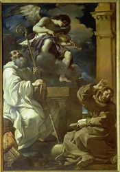 St. Francis (1182-1226) i ekstase og St. Benedikt (480-527) med en englemusiker, 1620