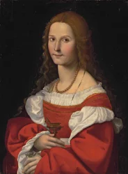 Portræt af en dame som Maria Magdalene, i halv længde, i rød kjole og perlekæde