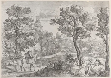 En gruppe mennesker, der spiller kort til højre og en mand til hest til venstre, 1626-80.