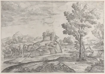 Et hus på toppen af en rund sten i midten, mennesker i floden og i kanoer, 1626-80.