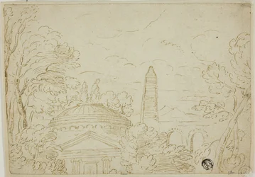 Landskab med tempel, obelisk og akvædukt