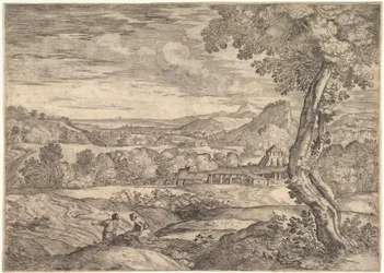 Landskab med en teglfabrik i mellemgrunden, en stående mand i forgrunden p..., 1626-80.