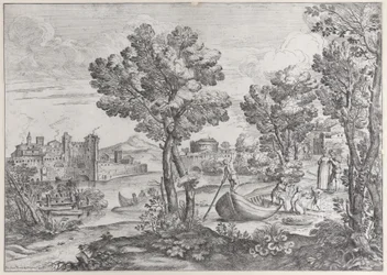 Landskab med en mand, der holder en slange til et rædselsslagent barn, overvåget af en moderigtigt dre..., 1626-80.