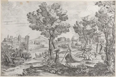 Landskab med en mand, der holder en slange til et rædselsslagent barn, overvåget af en moderigtigt dre..., 1626-80.