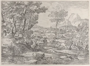 Tre drenge i et landskab med en by i baggrunden, 1626-80.