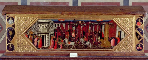 Cassone dekoreret med en scene af Palio af S. Giovanni (tempera på panel)