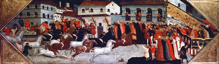Palio hestevæddeløb i Firenzes gader, maleri af Giovanni di Francesco Toscani (ca 1370-1430), detalje af panelet fra cassonen (kiste), Italien
