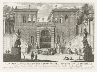 Farnesische Tuinen te Rom Springvand og forhøjning af hertugen af ​​Parmas have (...) (titel på objektet) Springvandene i Roms paladser og haver (serietitel) Fonteinen in de paleizen en tuinen van Rome (serietitel)