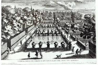 Fiskedamme ved Villa dEste, Tivoli, fra Le Fontane af Giovanni Battista Falda (ca. 1648-1787), udgivet af 1689