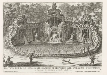 Drakens springvand i de Vaticaanse tuinen Springvand kaldet klippen i Belvedere-haven i pavepaladset (...) (titel på objektet) Springvandene i Roms paladser og haver (serietitel) Fonteinen in de paleizen en tuinen van Rome (serie