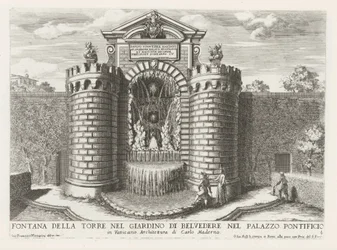 Fontein in de Vaticaanse tuinen Tårnfontæne i Belvedere-haven i pavepaladset (...) (titel på objektet) Springvandene i Roms paladser og haver (serietitel) Fonteinen in de paleizen en tuinen van Rome (serietitel)