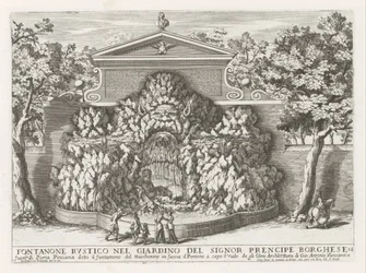 Fontein in de Villa Borghese te Rom Rustikt springvand i Mr. precipe Borgheses have (...) (titel på objektet) Springvandene i Roms paladser og haver (serietitel) Fonteinen in de paleizen en tuinen van Rome (serietitel)