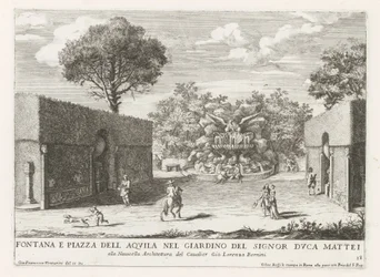Fontein mødte adelaar i de tuinen af ​​Villa Celimontana te Rom Springvand og piazza del aquila i haven hos hr. hertug Mattei (...) (titel på objektet) Springvandene i Roms paladser og haver (serietitel) Fonteinen in de paleizen en tuinen van R
