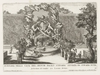 Springvand med et paveligt våbenskjold, to tritoner og delfiner Fontana nella casa del signor Paolo strada situata in strada nova (titel på objekt) Le fontane ne palazzi e ne giardini di Roma (serietitel) Springvand i Roms paladser og haver (
