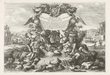 Springvand med dedikation og Livio Odescalchis våbenskjold Le fontane ne palazzi e ne giardini di Roma (serietitel) Springvand i Roms paladser og haver (serietitel)