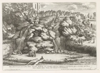 Landschap met cascade en Tempel van de Tiburtijnse Sibille t og Tivoli Højde og vandfald af Aniene-floden med sibyllens tempel (...) (titel på objektet) Springvandene i Estense-haven i Tivoli (serietitel) Fonteinen in de tuinen af ​​Villa d