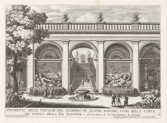 Tuin van een paleis te Rom Prospekt af springvandene i herrernes Boromeis have (...) (titel på objektet) Springvandene i Roms paladser og haver (serietitel) Fonteinen in de paleizen en tuinen van Rome (serietitel)