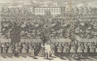 Udsigt over paladset fra haveetagen med dets springvand ..., 1691 eller senere.