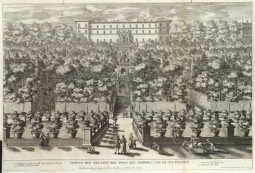 Udsigt over paladset fra haveetagen med dets springvand, fra La Fontane, pub. omkring 1691