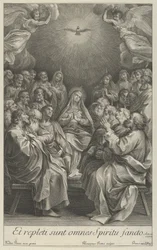 Jomfruen med apostle ser op mod den hellige due og to engle, efter Reni, 1700-50.