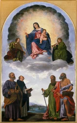 Madonna i herlighed med Kristusbarnet, to musicerende engle, Sankt Peter, Sankt Dominikus, Sankt Paulus og Sankt Hieronymus (Pesaro-altertavlen)