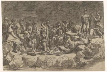 Forsamling af guderne efter loftsammensætningen i Loggia di Psiche, Villa Farnesina..., 1527.