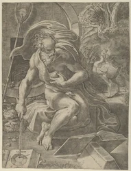 Diogenes sad med sin tønde bag sig og læste en bog, mens han holdt en pind..., ca. 1526-27.