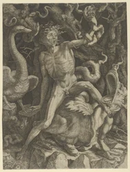Fury personificeret som en gammel mand, der rider på et monster, med et kranie i venstre hånd, ca. 1520-39.