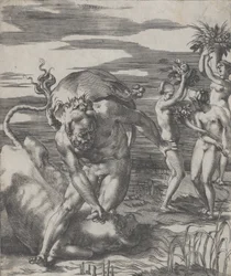 Hercules besejrer flodguden Achelous i form af en tyr, med tre kvinder t..., ca. 1526-27.