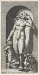Plade 10: Venus i en niche, stående på en konkylie, med Amor til højre, fra en ser..., 1526.