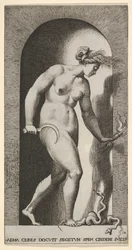 Plade 14: Ceres i en niche, vendt mod højre, stående over en tohovedet slange og holder en h..., 1526.