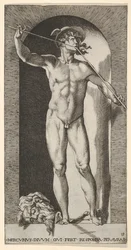 Plade 14: Mercury står i en niche og spiller sine piber, med det afhuggede hoved af en gammel m..., 1526.