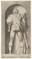 Plade 15: Hercules stående i en niche, iført løveskind og holder en kølle, set fra..., 1526.