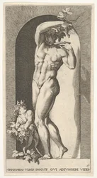 Tallerken 17: Bacchus stående i en niche og holder druer over en tallerken, ledsaget af en infa..., 1526.