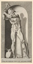 Plade 19: Vulcan står i en niche og svinger en hammer, med en ambolt, hammer og tang a..., 1526.