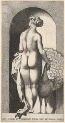 Tavle 4: Juno står i en niche, set bagfra, og stryger en påfugl til højre for sig, fr..., 1526.
