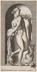 Plade 6: Thetis står i en niche med en skal og et havdyr og hælder vand ud af en ..., 1526.