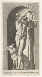 Plade 7: Pluto i en niche, med en bident, med Cerberus ved siden af sig, fra en serie af m..., 1526.
