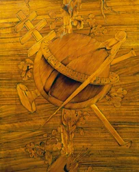 Måleinstrumenter, central del af indlæg på hjørneskab med enkelt stor dør, af Giovanni Maffezzoli (1779-1818), elev af Giuseppe Maggiolini, signeret og dateret 1798, Italien