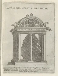De Pigna te Vaticaanstand La Pina i Cortile di S. Pietro (titel på objekt) Moderne og antikke monumenter og byggerier i Rom (serietitel) Ornamenter af gamle og moderne bygninger i Alma-byen Rom (serietitel)