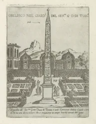 Egyptisk obelisk i haven til Villa Medici i Rom Obelisco nel giard.o del ser.mo G. D. Di Tosc.a (titel på objekt) Moderne og antikke monumenter og bygninger i Rom (serietitel) Ornamenti di fabriche antichi et moderni dell